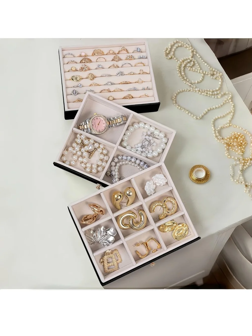 Black Jewelry Box with Cream Interior - Elegant Multi-Tier Organizer